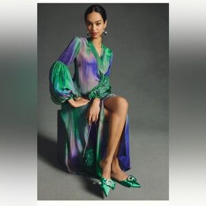 Anthropologie Green and Purple Maxi Dress